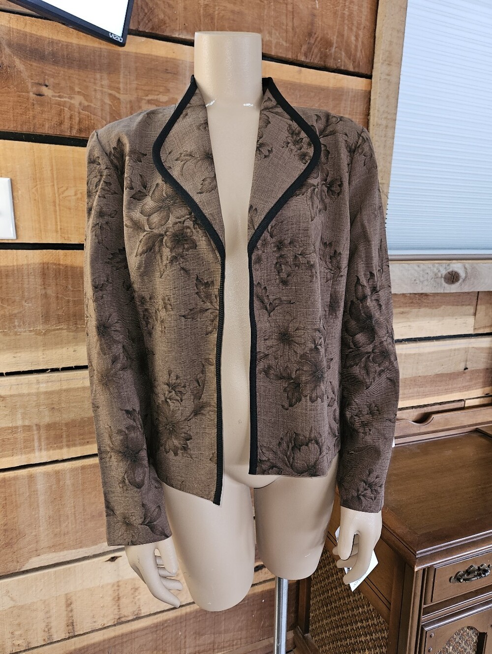 Perceptions Brown Floral Open-Front Blazer with Black Trim Piping 14P Office